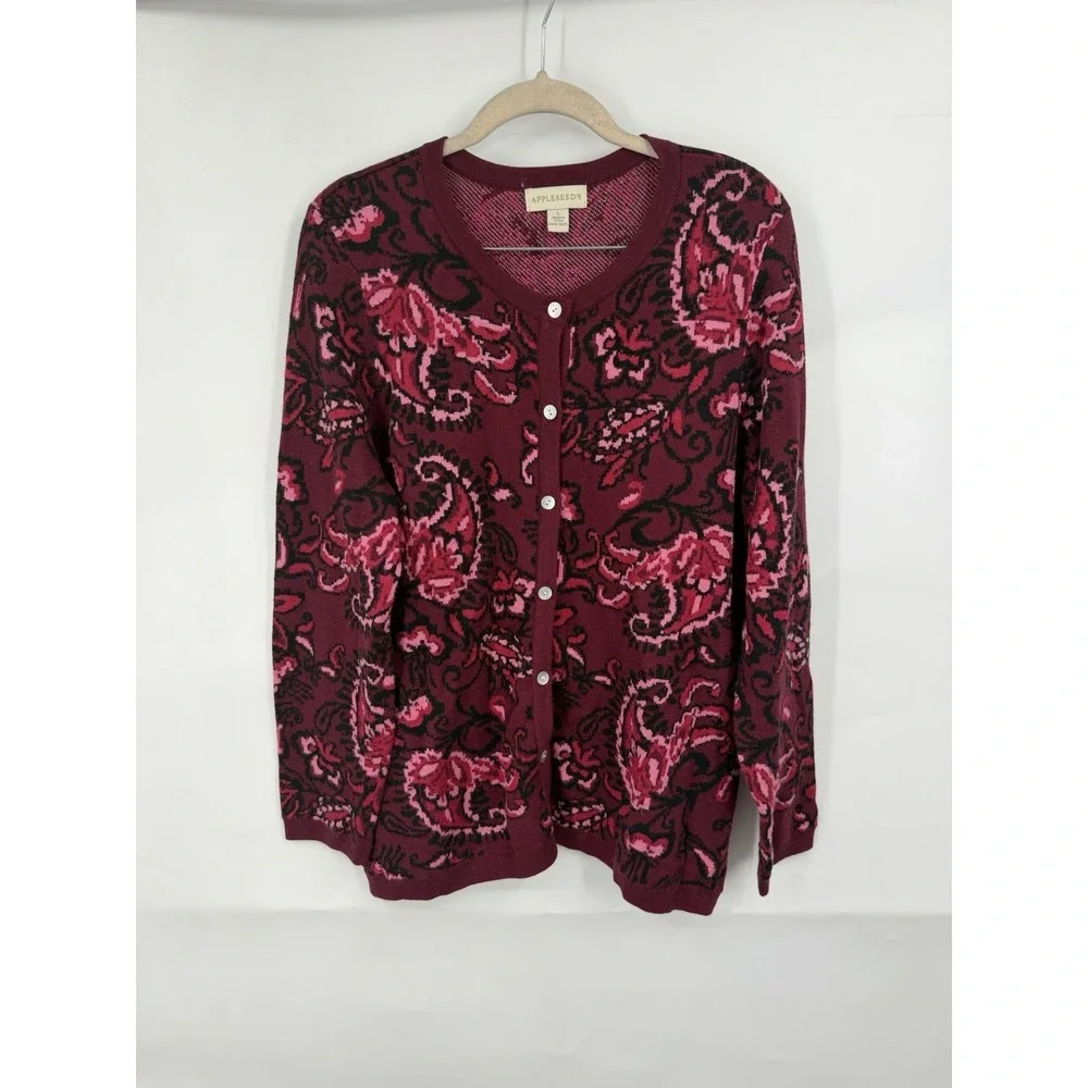 Appleseeds Floral Button Front Sweater Women L Burgundy Whimsigoth Cardigan